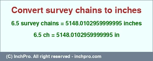 6.5 survey chains to inches is equal to 5148.0102959999995 (in) Result converting 6.5 survey chains to inches = 5148.0102959999995 inches