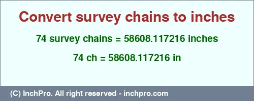 74 survey chains to inches is equal to 58608.117216 (in) Result converting 74 survey chains to inches = 58608.117216 inches