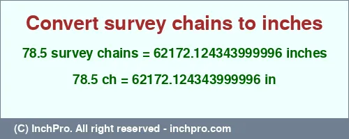 78.5 survey chains to inches is equal to 62172.124343999996 (in) Result converting 78.5 survey chains to inches = 62172.124343999996 inches