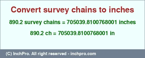 890.2 survey chains to inches is equal to 705039.8100768001 (in) Result converting 890.2 survey chains to inches = 705039.8100768001 inches