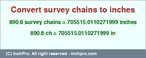 890.8 survey chains to inches is equal to 705515.0110271999 (in) Result converting 890.8 survey chains to inches = 705515.0110271999 inches