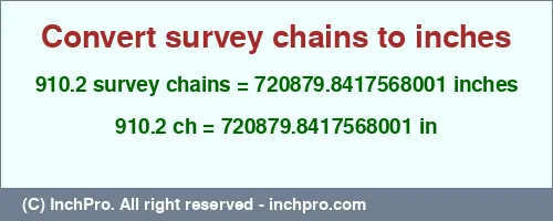 910.2 survey chains to inches is equal to 720879.8417568001 (in) Result converting 910.2 survey chains to inches = 720879.8417568001 inches