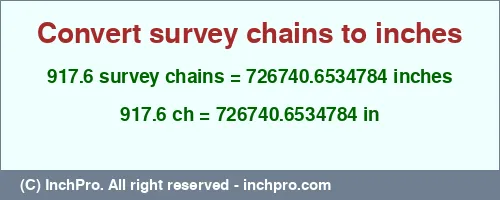 917.6 survey chains to inches is equal to 726740.6534784 (in) Result converting 917.6 survey chains to inches = 726740.6534784 inches