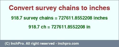 918.7 survey chains to inches is equal to 727611.8552208 (in) Result converting 918.7 survey chains to inches = 727611.8552208 inches