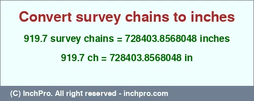 919.7 survey chains to inches is equal to 728403.8568048 (in) Result converting 919.7 survey chains to inches = 728403.8568048 inches