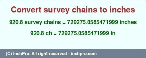 920.8 survey chains to inches is equal to 729275.0585471999 (in) Result converting 920.8 survey chains to inches = 729275.0585471999 inches