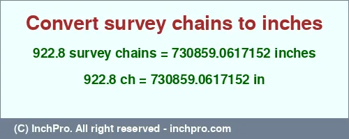 922.8 survey chains to inches is equal to 730859.0617152 (in) Result converting 922.8 survey chains to inches = 730859.0617152 inches