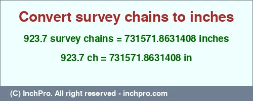 923.7 survey chains to inches is equal to 731571.8631408 (in) Result converting 923.7 survey chains to inches = 731571.8631408 inches