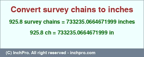 Result converting 925.8 survey chains to inches = 733235.0664671999 inches