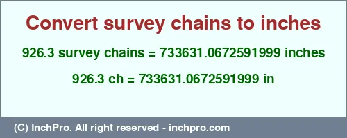 926.3 survey chains to inches is equal to 733631.0672591999 (in) Result converting 926.3 survey chains to inches = 733631.0672591999 inches