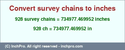928 survey chains to inches is equal to 734977.469952 (in) Result converting 928 survey chains to inches = 734977.469952 inches