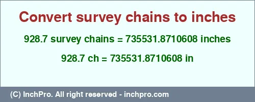 928.7 survey chains to inches is equal to 735531.8710608 (in) Result converting 928.7 survey chains to inches = 735531.8710608 inches