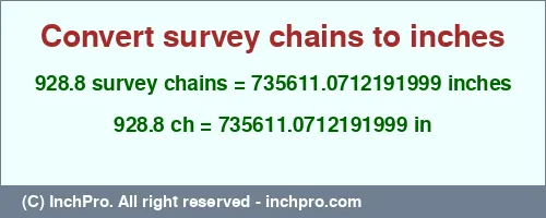 Result converting 928.8 survey chains to inches = 735611.0712191999 inches