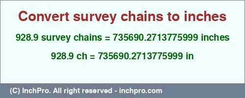 928.9 survey chains to inches is equal to 735690.2713775999 (in) Result converting 928.9 survey chains to inches = 735690.2713775999 inches