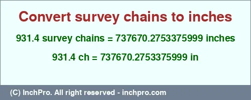 931.4 survey chains to inches is equal to 737670.2753375999 (in) Result converting 931.4 survey chains to inches = 737670.2753375999 inches