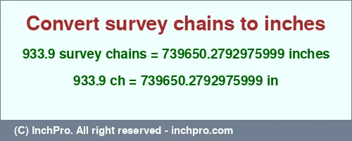 Result converting 933.9 survey chains to inches = 739650.2792975999 inches