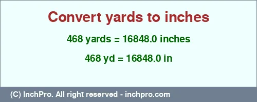468 yards to inches is equal to 16848.0 (in) Result converting 468 yards to inches = 16848.0 inches