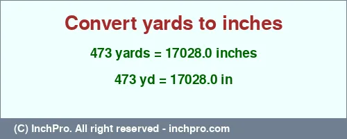 473 yards to inches is equal to 17028.0 (in) Result converting 473 yards to inches = 17028.0 inches